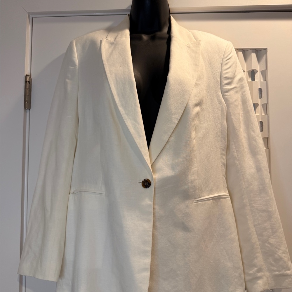 H&M White Linen Blazer Sz M Single Breasted